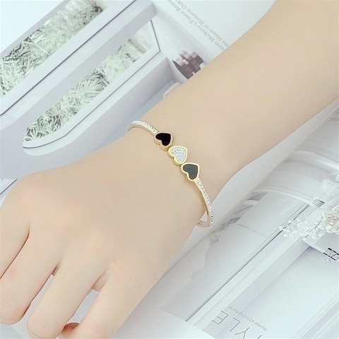 Fashion Heart Shaped Open Bangle Stainless Steel Rhinestone Enamel Bracelet For Women Jewelry