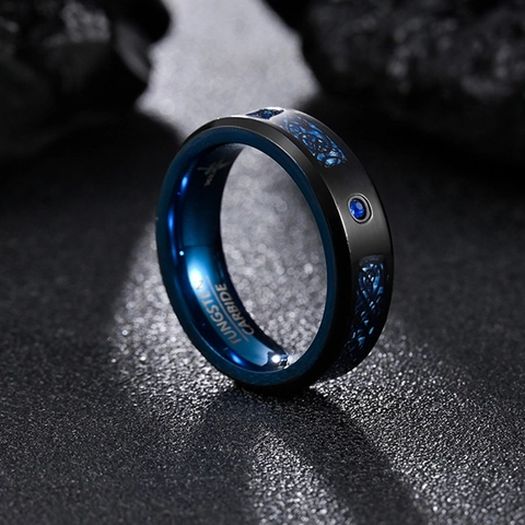 Men's Vintage Tungsten Carbide Celtic Dragon Pattern Ring With Blue Rhinestone Inlay Retro Black Blue Band Ring For Men