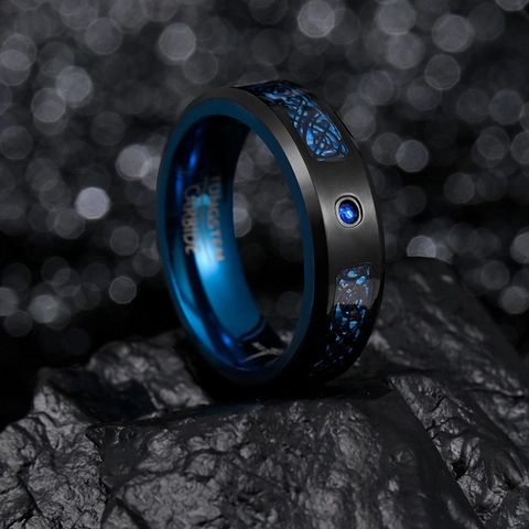 Men's Vintage Tungsten Carbide Celtic Dragon Pattern Ring With Blue Rhinestone Inlay Retro Black Blue Band Ring For Men