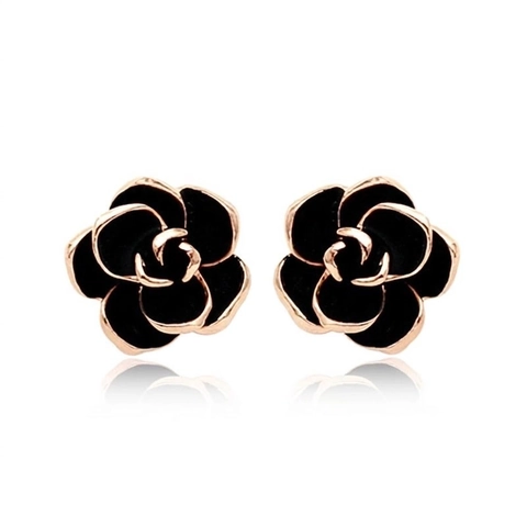 Elegant Rose Enamel Stud Earrings For Women Korean Style Camellia Flower Ear Clips Alloy Jewelry Black White Floral Earrings