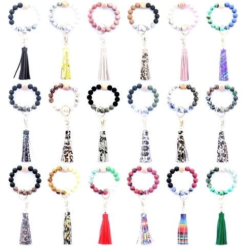 Silikon Perlen Schlüsselanhänger Armband Für Damen Handgelenk Schlüsselring Mit Holzperle Und PU Leder Quaste Leopardenmuster