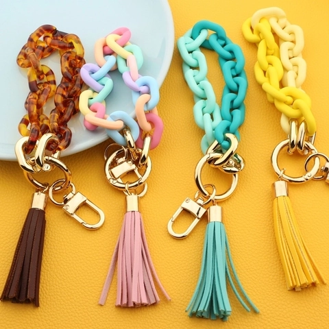 Acrylic Chunky Chain Wristlet Keychain With Tassel For Women Fashion Resin Link Bracelet Key Ring Holder Bag Charm Accessory