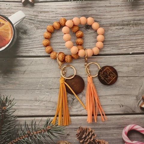 Porte-clés Bracelet Perles Imprimé Léopard Silicone Perles En Bois Gland Disque En Bois Gravé Mama Accessoire Mode Femmes