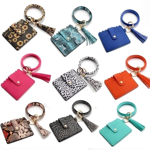 PU Leather Wristlet Keychain Card Holder Bangle Ring Tassel Women Fashion Printed Small Wallet Keyring