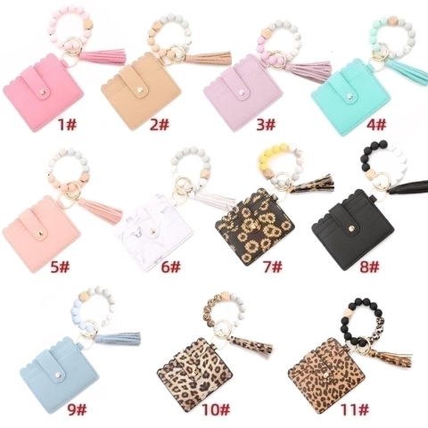 Portachiavi Bracciale In Perline Di Silicone Portafoglio Portacarte Con Nappina In Pelle PU Per Donna Moda Leopardo Marmo Fiori