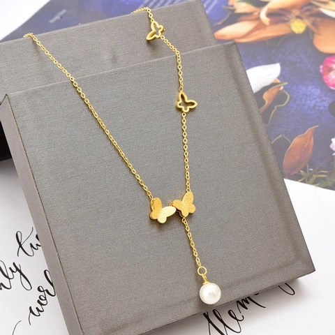 Butterfly Artificial Pearl Tassel Necklace Gold Plated Titanium Steel Elegant Minimalist Delicate Jewelry Gift For Women