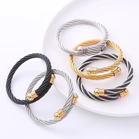 Bracciale Rigido In Filo Di Cavo Intrecciato Acciaio Inossidabile 304 Aperto Regolabile Stile Punk Industriale