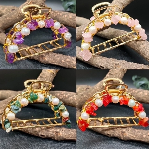 Franse Vintage Haarklem Natuurlijke Kristalsteen Diepzee Kunstparel Legering Elegante Haaraccessoires Voor Vrouwen