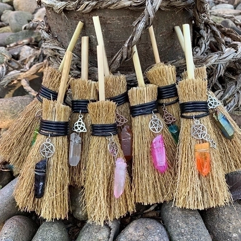 Mini Witch Broom Hanging Ornament Branch Straw Wicca Altar Decor With Metal Charm And Crystal Stone Pendant