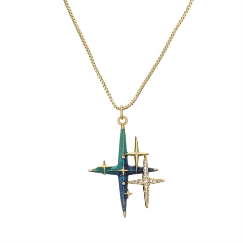 Collar Con Colgante Celestial Cobre Esmalte Circón Astronauta Planeta Estrella Unicornio Joyería Mujer