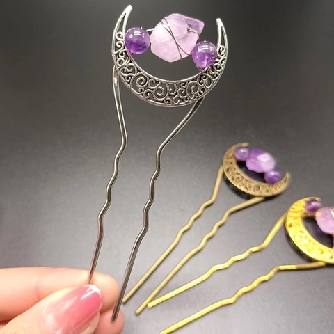Bacchetta Per Capelli In Ametista Naturale Mezzaluna Forcina In Metallo Fatta A Mano Vintage A Forma Di U Per Sposa