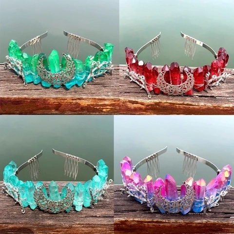 Natural Crystal Tiara Crown Alloy Moon Tree Branch Bridal Hair Comb Headband Bohemian Mystical Party Headpiece Women