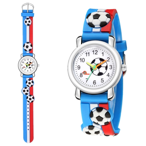Kids Football Watch Sporty Analog Display Quartz Movement 3D Relief Silicone Strap Alloy Case Stainless Steel Buckle Student Gift