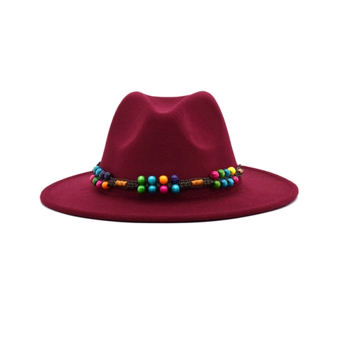 Wide Brim Fedora Hat Ethnic Beaded Band Cotton Polyester Blend Felt Retro Jazz Cap Unisex Outdoor Travel Warm Sunshade