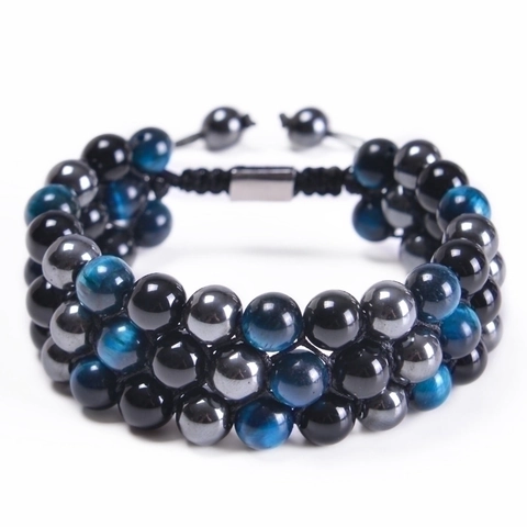 Handgefertigtes Dreireihiges Natur Tigerauge Hämatit Obsidian Perlenarmband Verstellbar Gewebt Unisex Heilender Schmuck