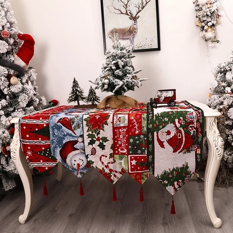 Weihnachten Jacquard Gewebter Tischläufer Mit Quasten Weihnachtsmann Schneemann Rentier Muster Feiertag Tischdekoration Home Party