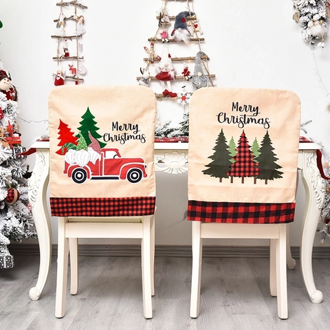Linen Look Christmas Chair Back Covers Merry Christmas Print Buffalo Plaid Chair Slipcovers For Holiday Dining Room Home Decor