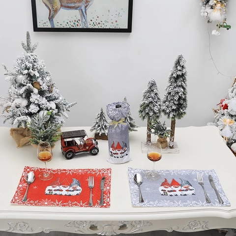 Manteles Individuales De Navidad Tela Lino No Tejida Patrón Gnomo Copo De Nieve Para Decoración De Mesa