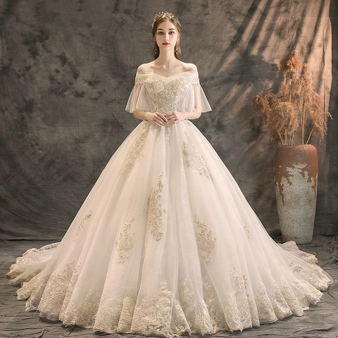 Off-The-Shoulder Spitze Stickerei Hochzeitskleid Pailletten Kathedrale Schleppe Prinzessin Ballkleid Luxus Elfenbein Braut