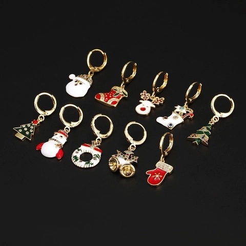 Weihnachts Creolen Ohrringe Emaille Kupfer Zirkonia Weihnachtsmann Rentier Schneemann Feiertag Party Modeschmuck