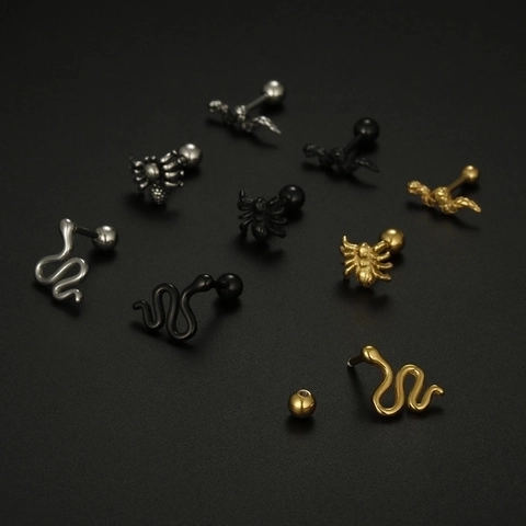 Snake Spider Stainless Steel Ear Studs Gothic Punk Cartilage Piercing Jewelry For Men Women Screw Ball Back