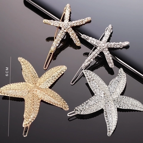 Starfish Hair Clips Rhinestone Alloy Bobby Pins Shiny Gold Silver Headwear For Women Girls Beach Vacation Accessories