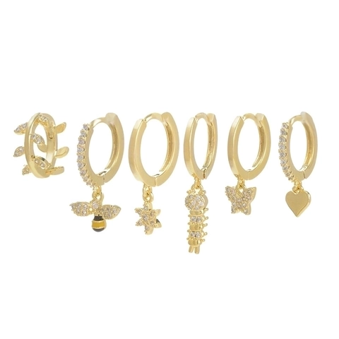 Fashion Copper Hoop Earrings With Zircon Inlaid Bee Heart Star Butterfly Pendants Gold Silver Plated Elegant Jewelry Women