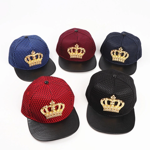 Hip Hop Snapback Baseball Cap Acrylic Mesh Faux Leather Brim Rhinestone Gold Crown Metal Logo Adjustable Breathable