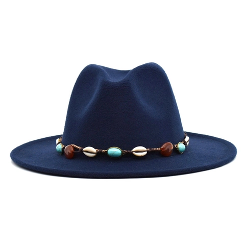 Vintage Böhmisch Wollfilz Fedora Hut Breite Krempe Ethnisch Muschel Türkis Dekor Flacher Kopf Jazz Kappe Für Damen Herren