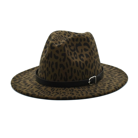 Leopard Print Fedora Hat Wide Brim Cotton Polyester Felt Jazz Cap With Leather Belt Buckle Fashion Retro Unisex Style