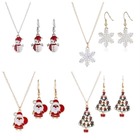Collier Et Boucles D'oreilles De Noël Dessin Animé Émail Alliage Strass Père Noël Bonhomme De Neige Arbre Flocon Bijoux