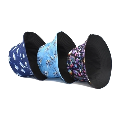 Reversible Bucket Hat Polyester Full Print Mushroom Shark Tropical Sun Protection Outdoor Beach Fisherman Cap Unisex