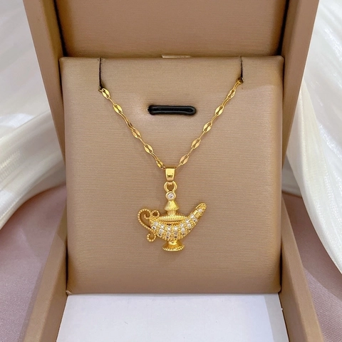 Collar Con Colgante De Lámpara Mágica De Aladino Micro Pavé De Circonita Cadena De Acero De Titanio Cobre Bañado En Oro