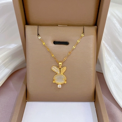 Rabbit Pendant Necklace Stainless Steel Chain Gold Plated Copper Cat Eye Stone Zircon Jewelry For Women