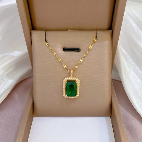 Stainless Steel Necklace Square Emerald Green Gemstone Pendant Copper Gold Plated Micro Inlaid Zircon Luxury Elegant Jewelry Women