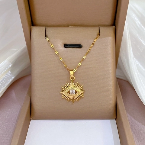 Evil Eye Sonnenstrahl Anhänger Halskette Gold Vergoldet Titan Stahl Kette Mit Zirkon Kupfer Schmuck Für Damen