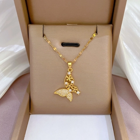 Collana Pendente Farfalla Placcata Oro Catena Acciaio Inossidabile Rame Zircone Gioielli Di Moda Per Donne Elegante Dolce Stile INS