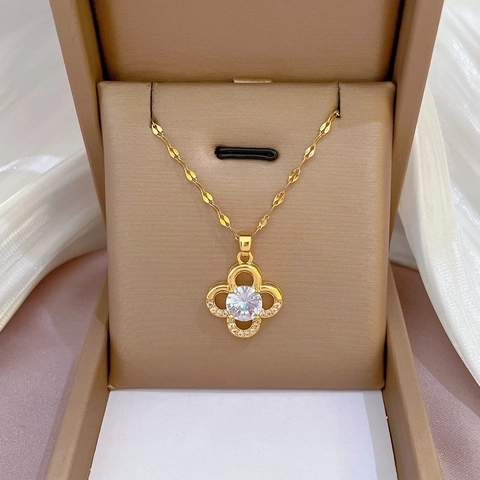 Collana Con Pendente A Quadrifoglio Placcata In Oro Catena In Acciaio Al Titanio Rame Micro Pavè Zirconia Gioielli Eleganti
