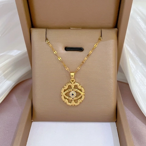 Evil Eye Pendant Necklace Gold Plated Copper Titanium Steel Chain Micro Pave Blue White Zircon Luxury Style For Women
