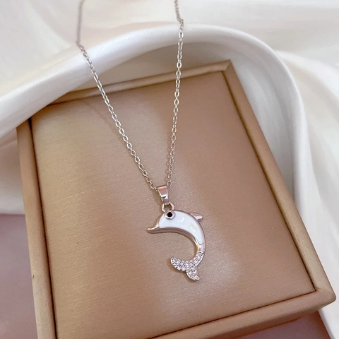 Delfin Anhänger Halskette Titanstahl Und Kupfer Muschel Eingelegt Rheinstahl Schlüsselbein Kette Damen Elegante Schmuck
