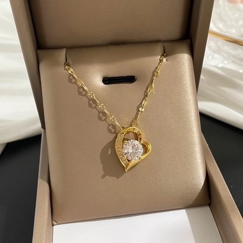 Hart Hanger Ketting Met Titanium Stalen Ketting En Koper Zirkonia Charm Goud Vergulde Sieraden Voor Vrouwen