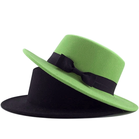 Elegante Cappello Boater In Feltro Di Lana Testa Piatta Tesa Larga Con Fiocco Di Nastro Fedora Classico Per Uomini E Donne