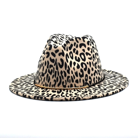 Leopard Print Fedora Hat With Gold Metal Band Wide Flat Brim Cotton Polyester Felt Vintage Jazz Style For Women Men