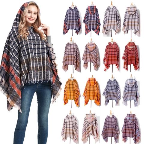 Women Hooded Poncho Plaid Pattern Tassel Fringe Warm Winter Wrap Shawl Casual Polyester Pullover Cape