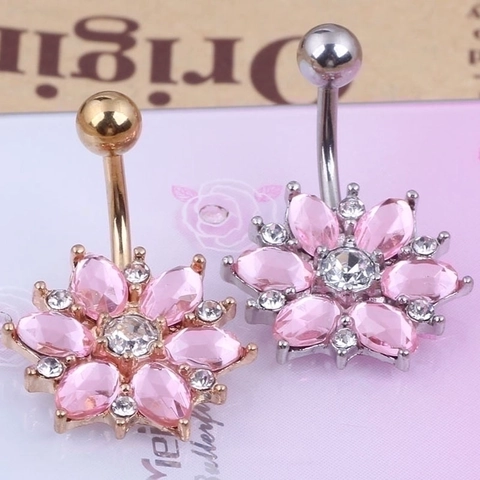 Stainless Steel Pink Sunflower Belly Ring Rhinestone Navel Piercing Body Jewelry Elegant Sparkling Fashion Accessory