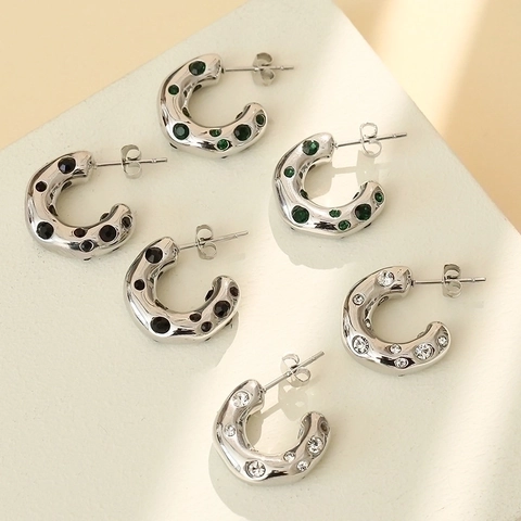 Stainless Steel C-Shape Hoop Earrings With Inlaid Cubic Zirconia Minimalist French Vintage Style Ear Studs For Women