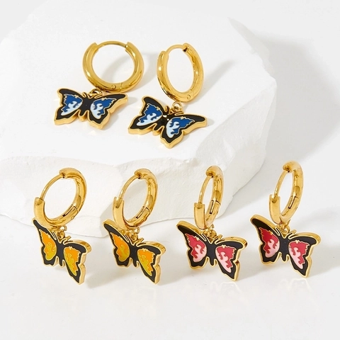Roestvrijstalen Vlinder Hoop Oorbellen Kleurrijk Emaille Vlam Druppelolie Retro Hip Hop Sieraden Voor Dames