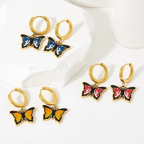 Roestvrijstalen Vlinder Hoop Oorbellen Kleurrijk Emaille Vlam Druppelolie Retro Hip Hop Sieraden Voor Dames