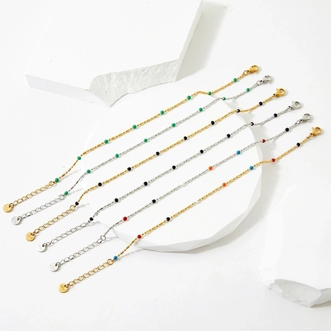 Stainless Steel Bracelet Colorful Enamel Beads Adjustable Thin Chain Bohemian Trendy Jewelry For Women