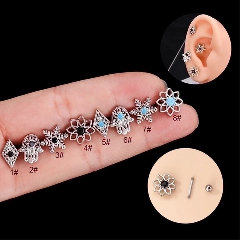 Vintage Hollow Flower Hamsa Hand Ear Cartilage Stud Piercing Jewelry Stainless Steel Copper Zircon Women Accessory